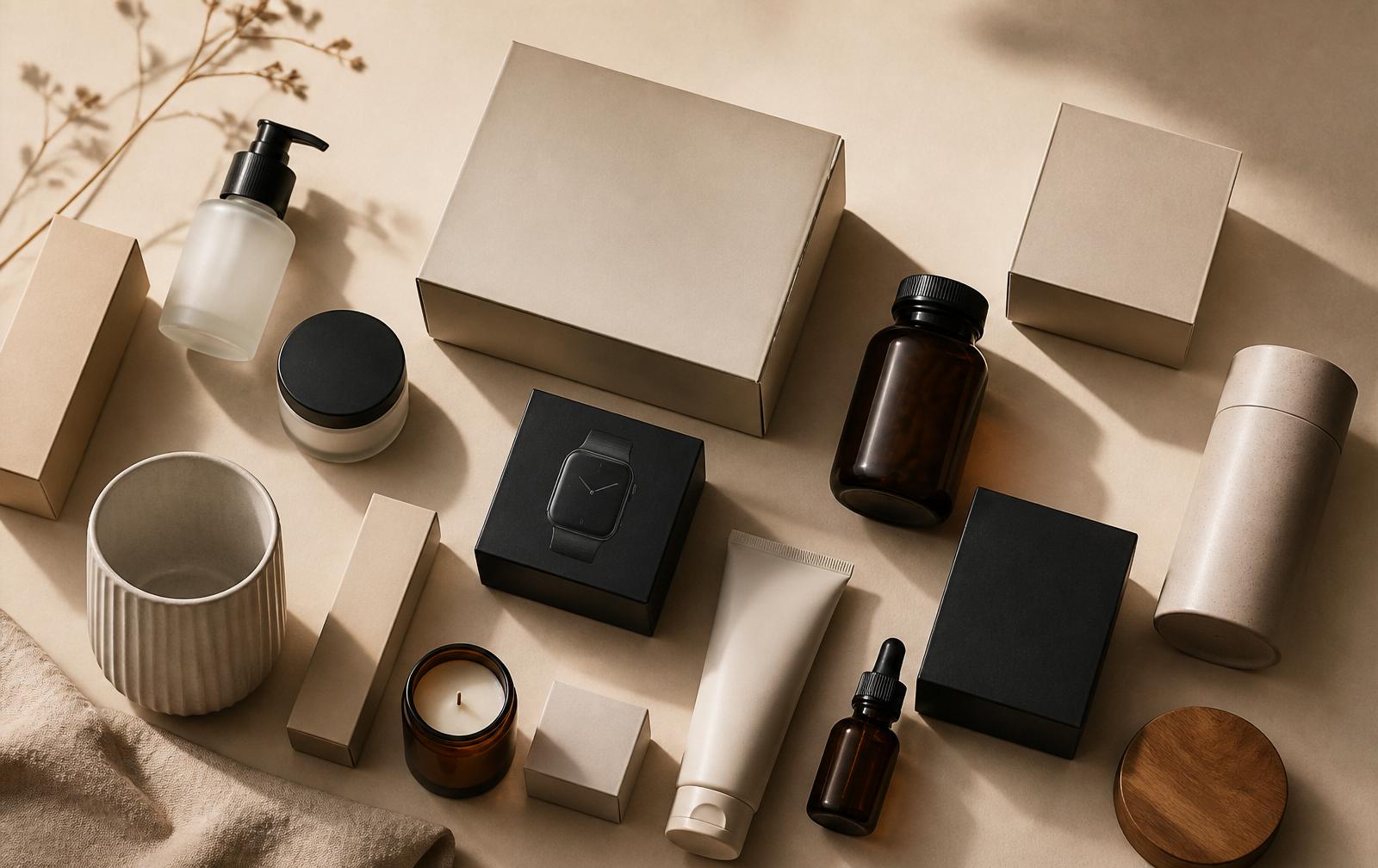 Assorted premium consumer products flat lay